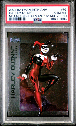 2024 UD Batman 85th Anniversary Weekly Skybox Metal Universe Batman Preview Achievements P3 Harley Quinn PSA 10