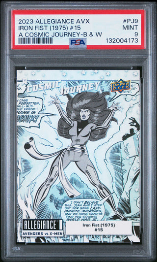 2023 Upper Deck Marvel Allegiance Avengers Vs X-Men A Cosmic Journey Card PJ9 Iron Fist (1975) #15 A Cosmic Journey Black & White PSA 9