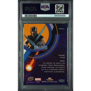 2018 UD Thor Ragnarok Precious Metal Gems Purple Achievements Card TPMG1 Thor PSA 8