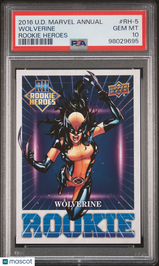 Trading card of X-23 as Wolverine from 2016 U.D. Marvel Annual from the Rookie Heroes insert set, graded by PSA.
