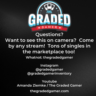 Promotional graphic for 'The Graded Gamer' with contact information on a black background